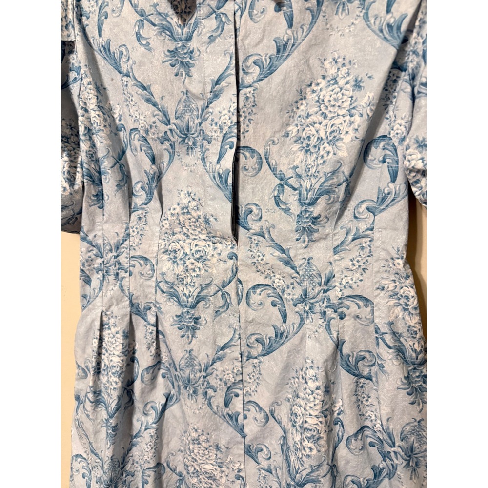 Trish Scully Lauretta Midi Dress Blue White Damask Toile Cotton Puff Sleeve S - Picture 3 of 6